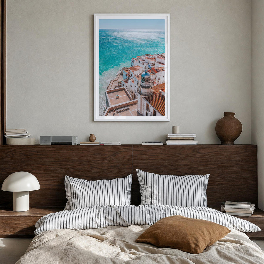 Spain no. 3 colorful photo poster of Europe – vertical wall art in white wood frame with white border, hanging on wall
