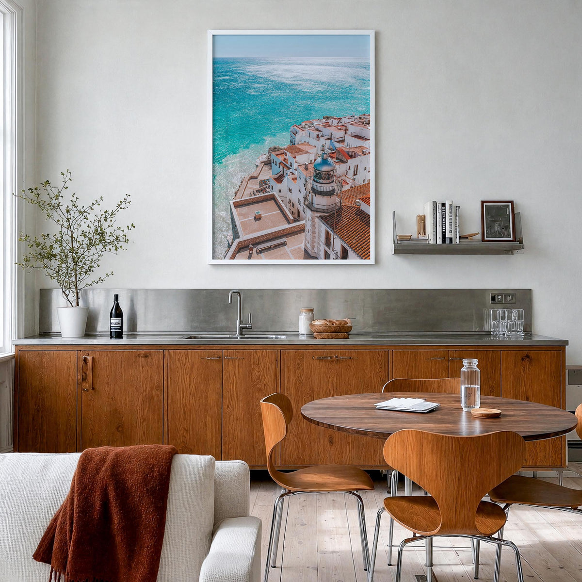 Spain no. 3 colorful photo poster of Europe – vertical wall art in white wood frame, hanging on wall
