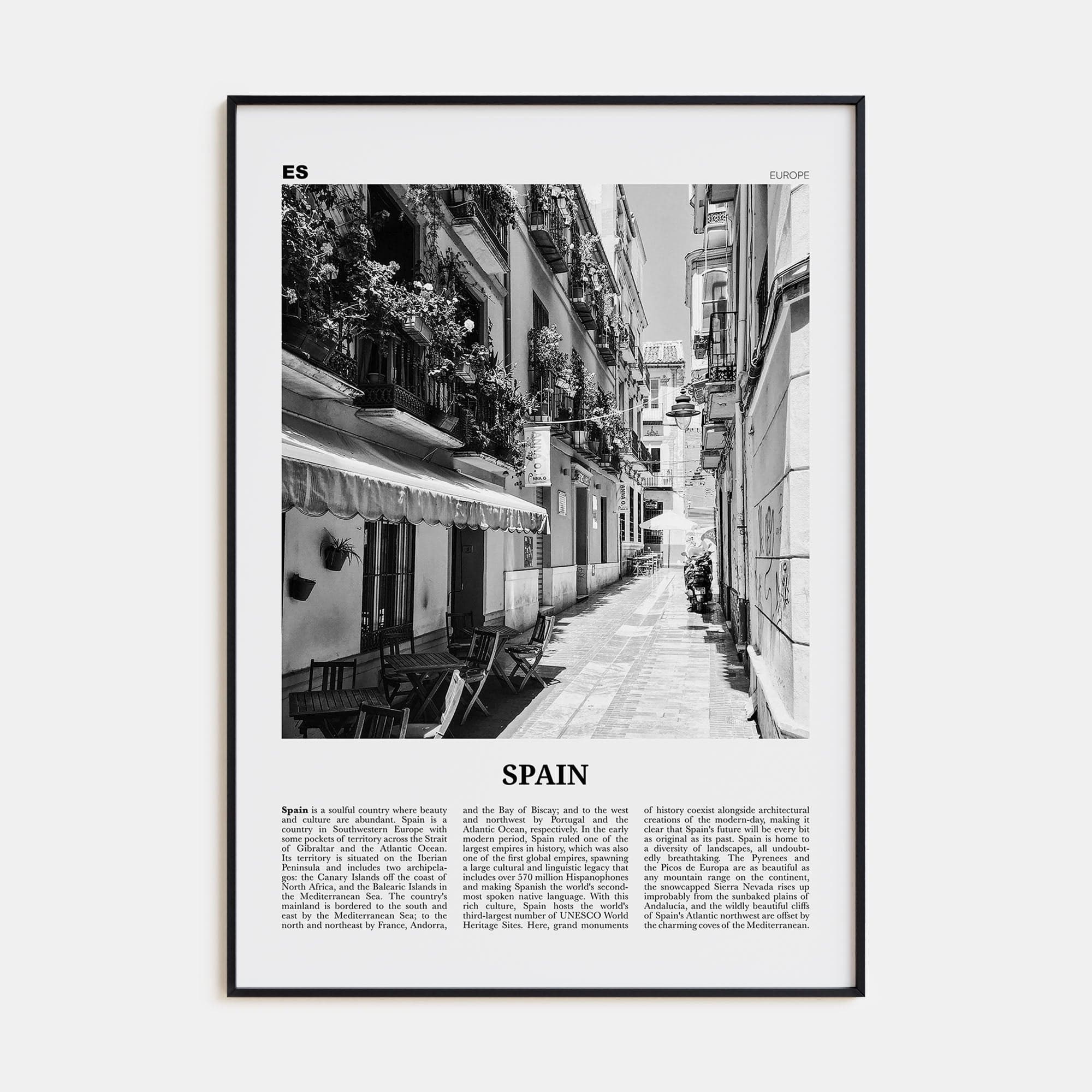 Spain No 1 Poster Black Metal / 8x12 in Nbourhood Travel B&W Poster