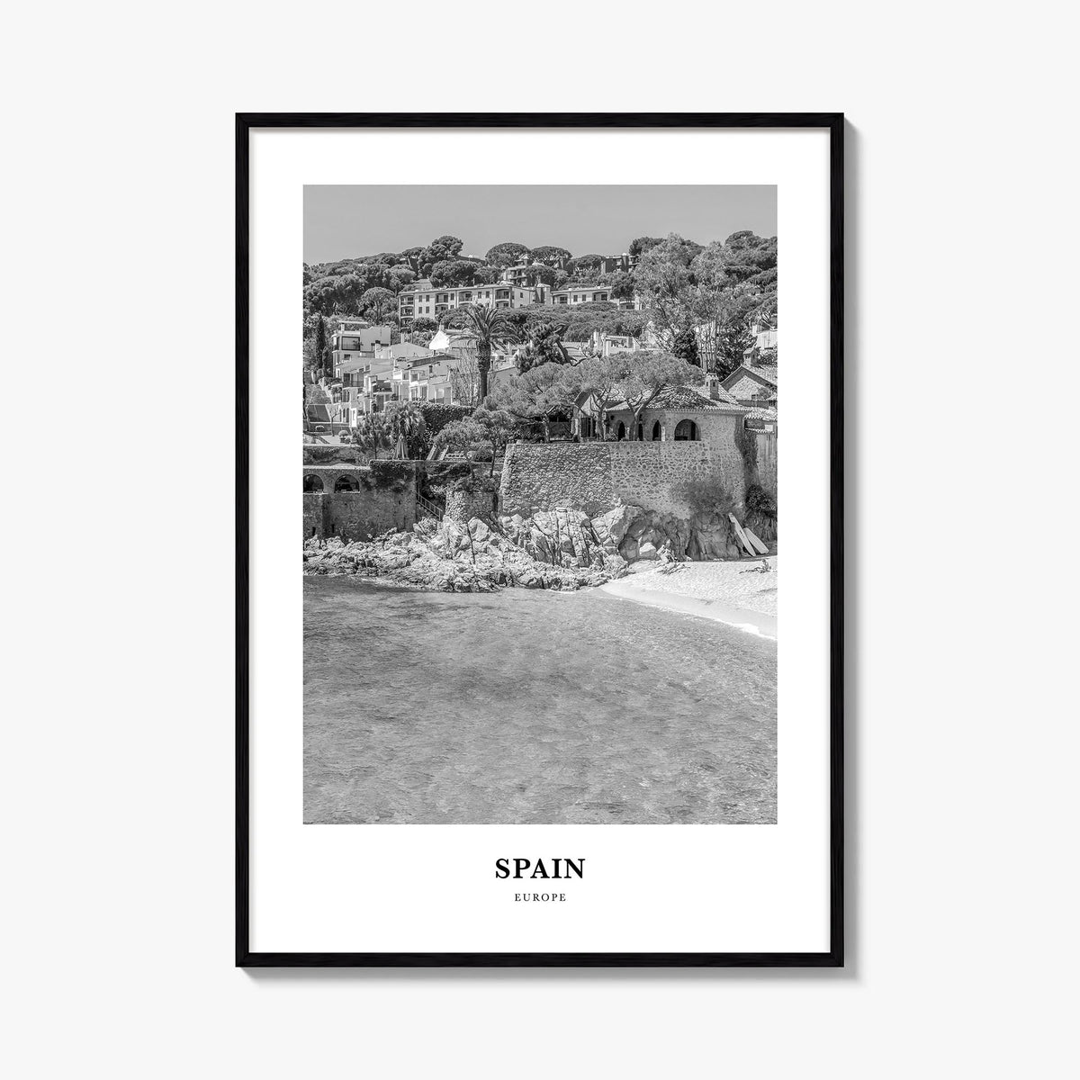 Spain no. 2 black & white classic poster of Europe – vertical wall art, unframed print shown in interior mockup