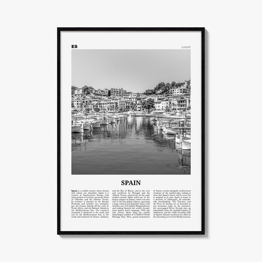Spain no. 2 black & white newspaper poster of Europe – vertical wall art, unframed print shown in interior mockup