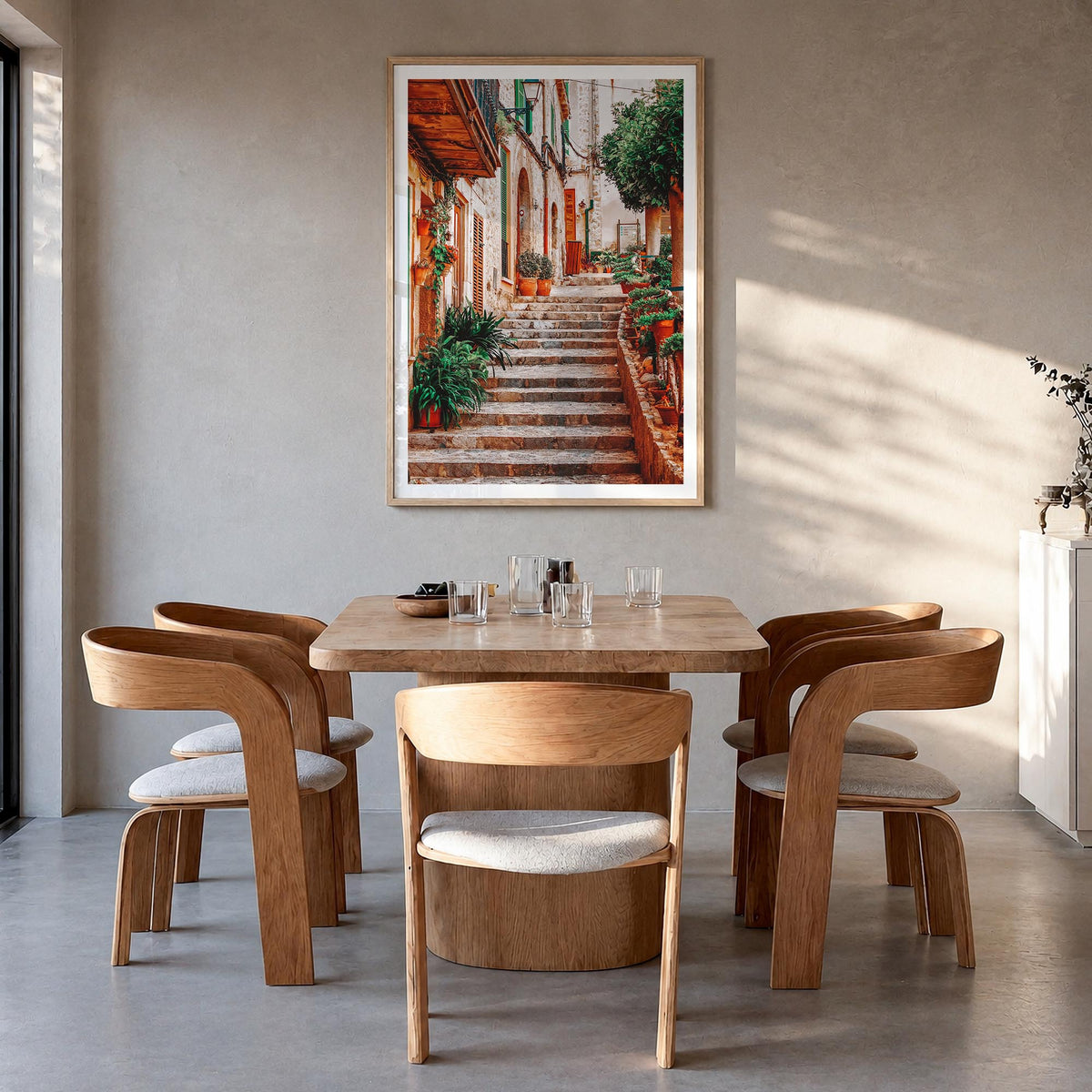 Spain no. 1 colorful photo poster of Europe – vertical wall art in natural wood frame with white border, hanging on wall