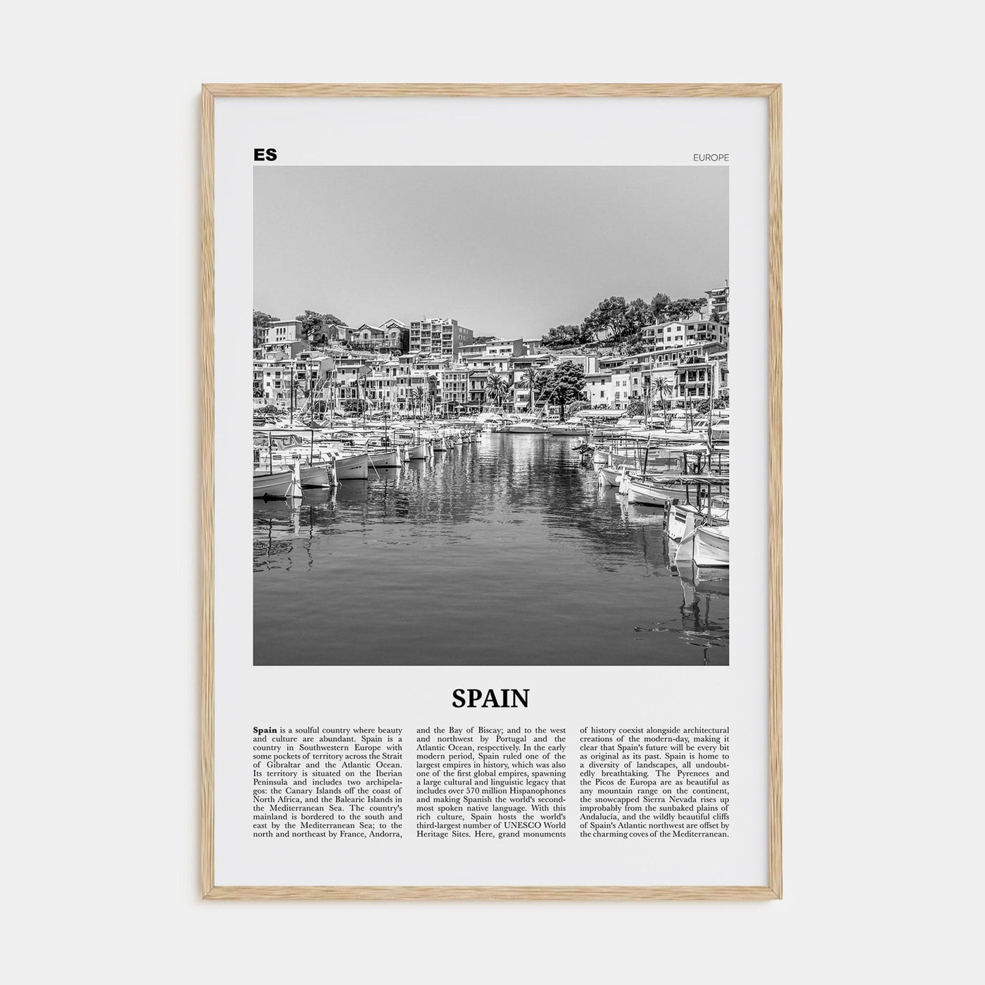 Spain No 2 Poster Natural Wood / 8x12 in Nbourhood Travel B&W Poster