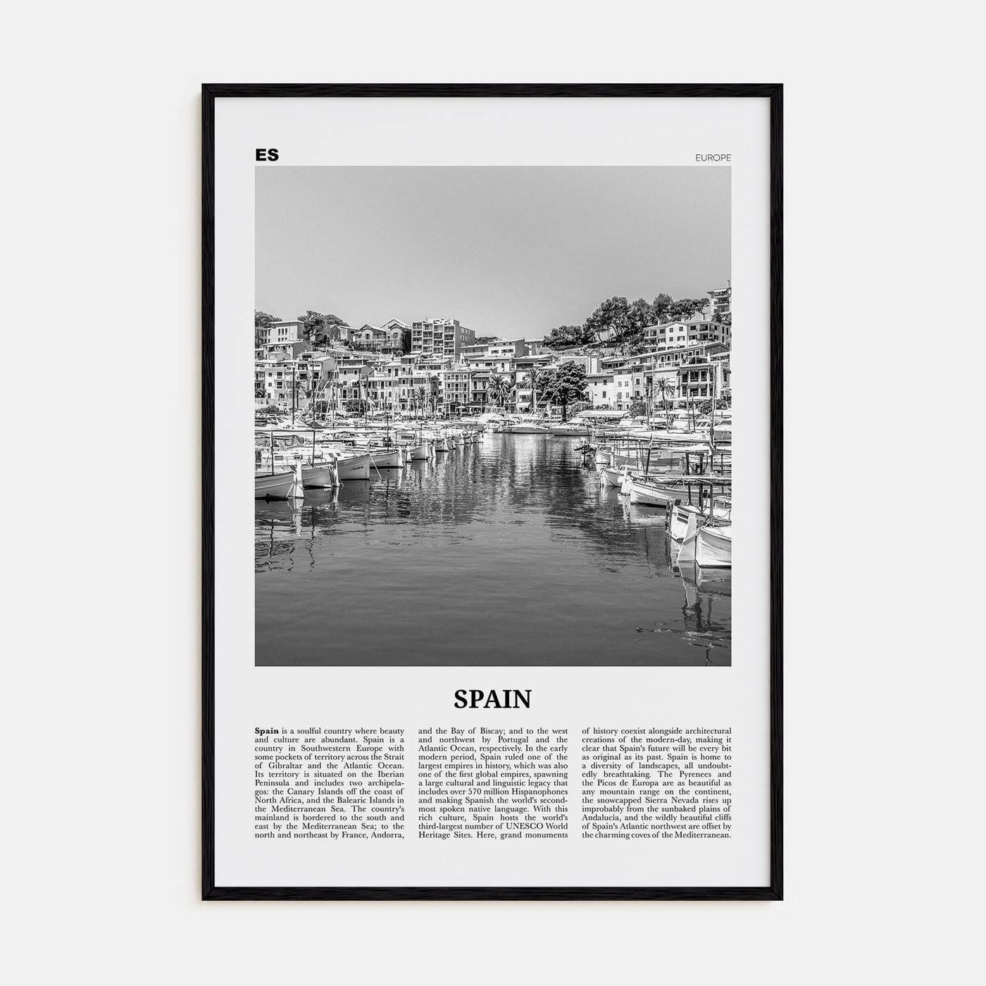 Spain No 2 Poster Black Wood / 8x12 in Nbourhood Travel B&W Poster