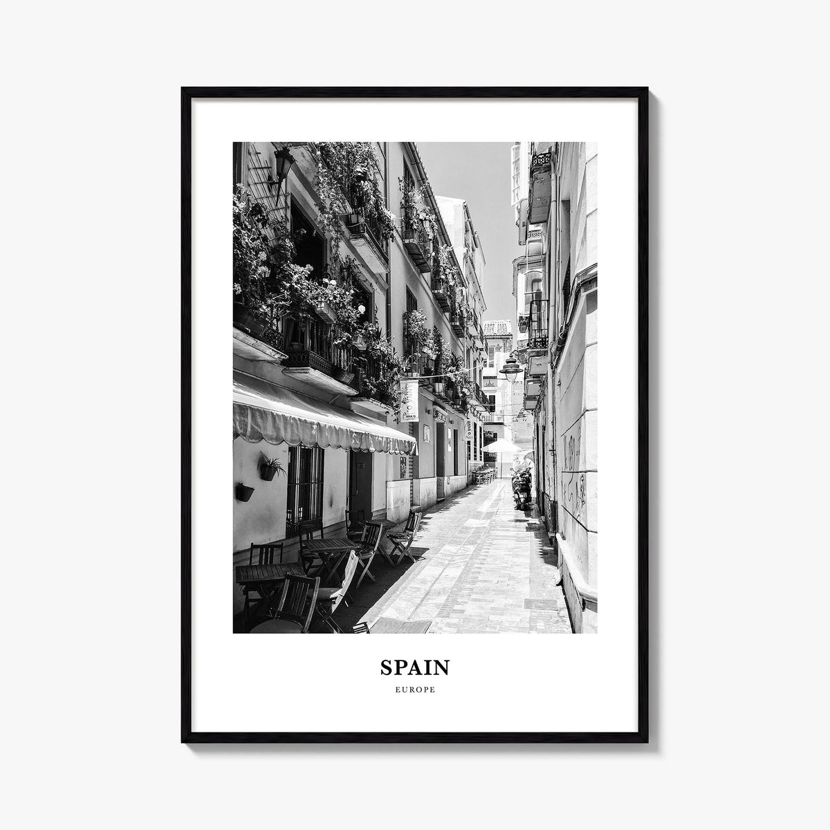Spain no. 3 black & white classic poster of Europe – vertical wall art, unframed print shown in interior mockup