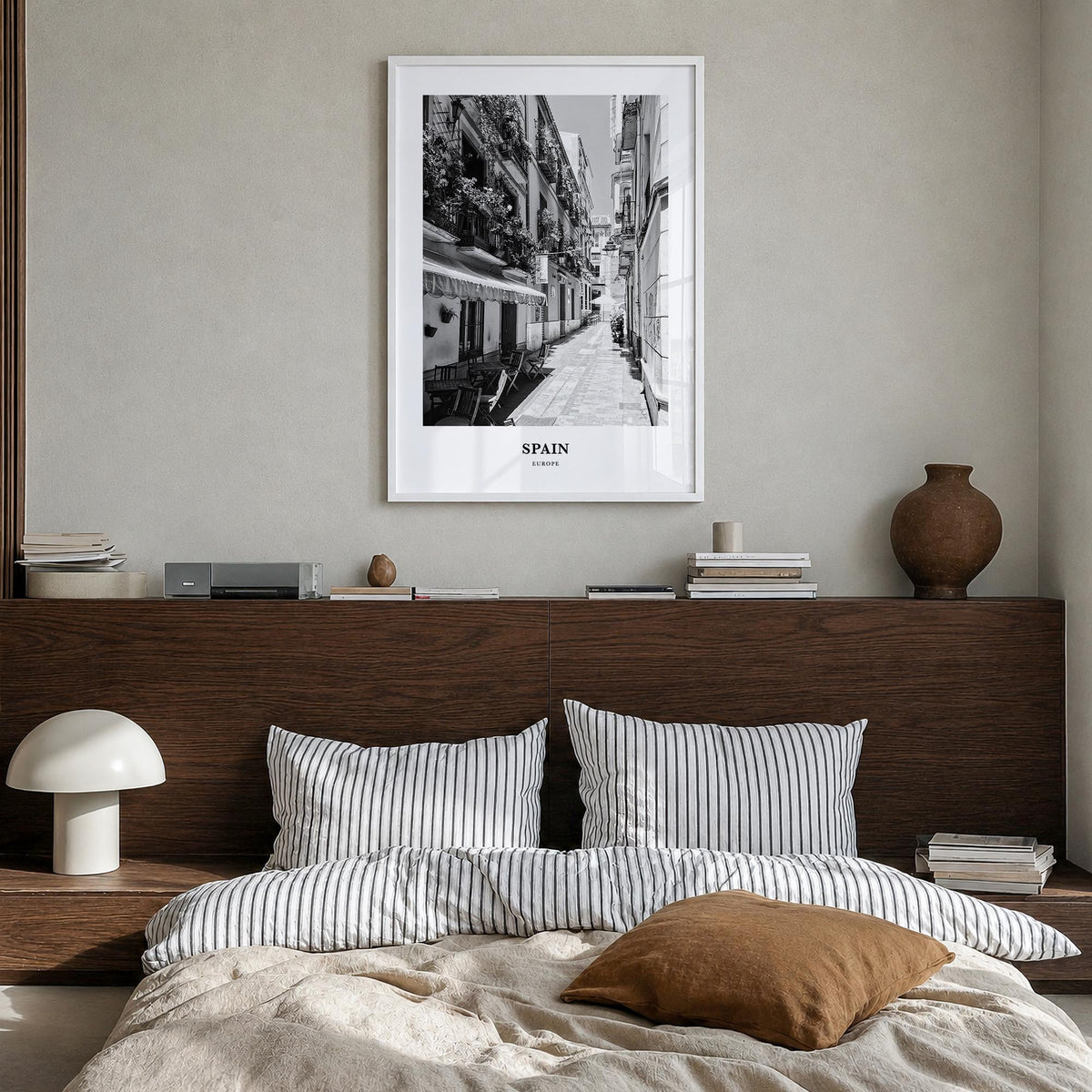 Spain no. 3 black & white classic poster of Europe – vertical wall art in white wood frame, hanging on wall