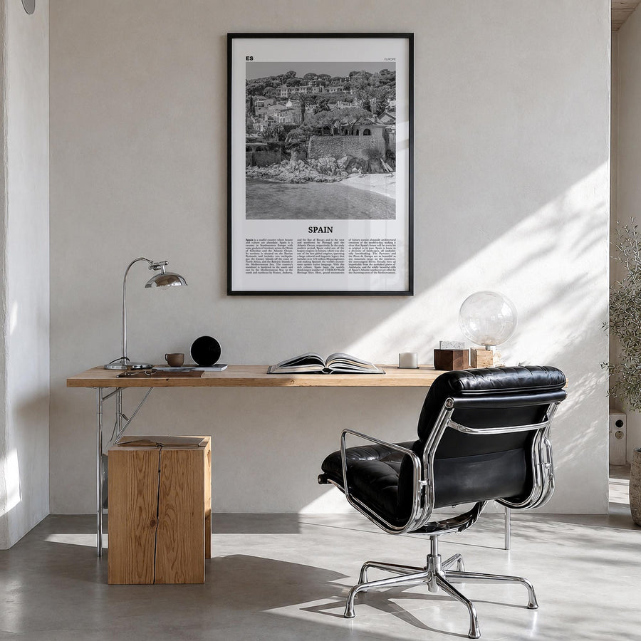 Spain no. 3 black & white newspaper poster of Europe – vertical wall art in black wood frame, hanging on wall