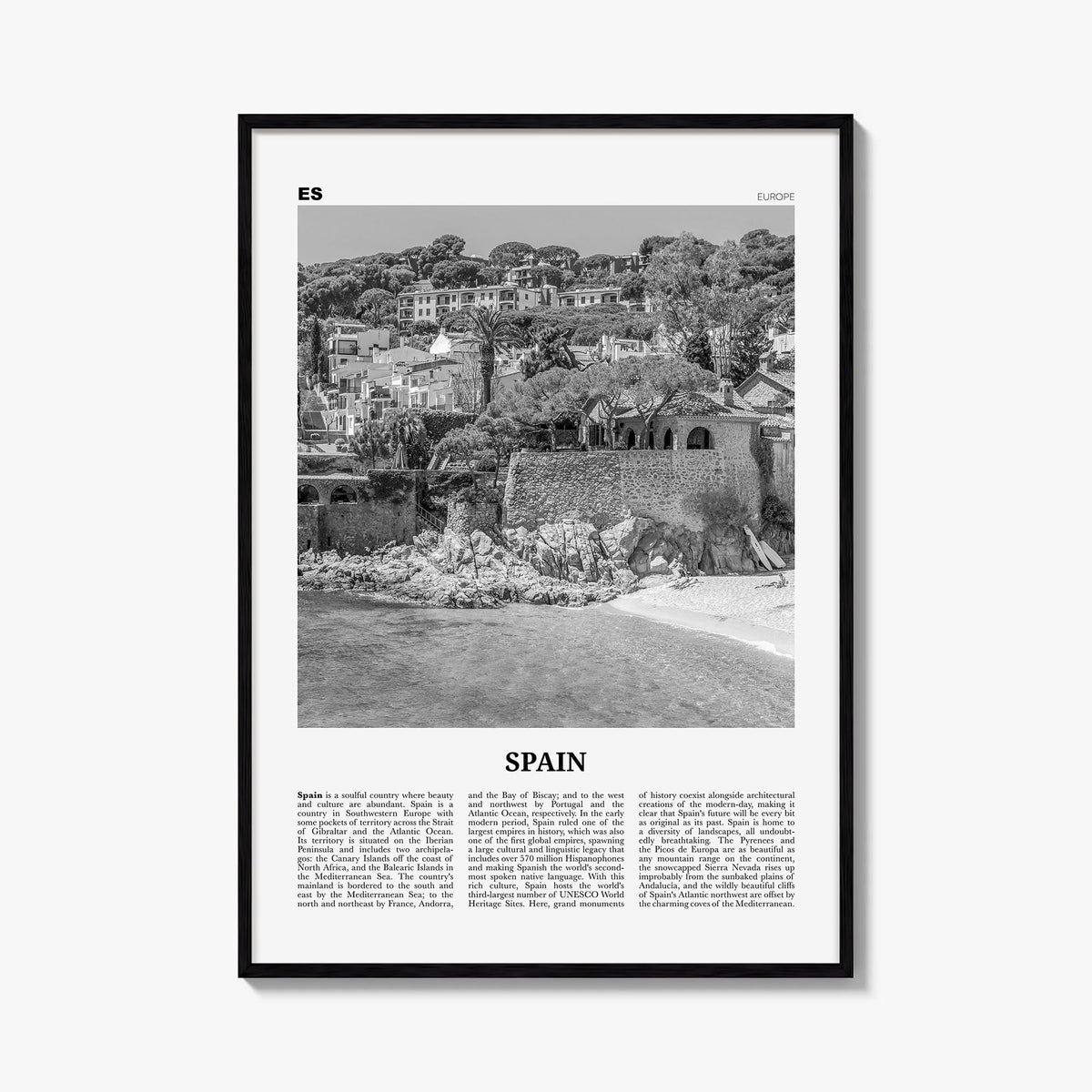 Spain no. 3 black & white newspaper poster of Europe – vertical wall art, unframed print shown in interior mockup