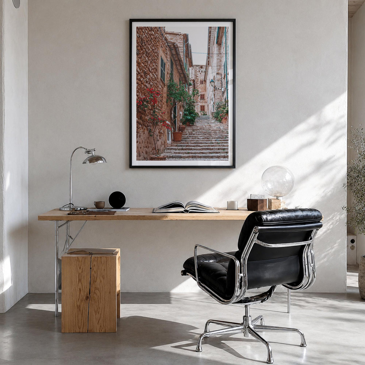 Spain no. 2 colorful photo poster of Europe – vertical wall art in black wood frame with white border, hanging on wall