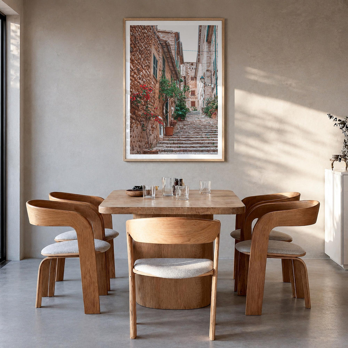 Spain no. 2 colorful photo poster of Europe – vertical wall art in natural wood frame with white border, hanging on wall