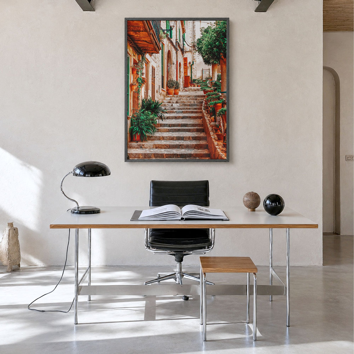 Spain Photo No 2 Poster in a black wood frame, hanging in a minimalist home office, full image (no border)
