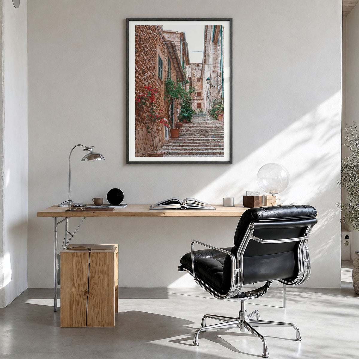Spain Photo No 3 Poster in a black wood frame, hanging in a bright home office, white border