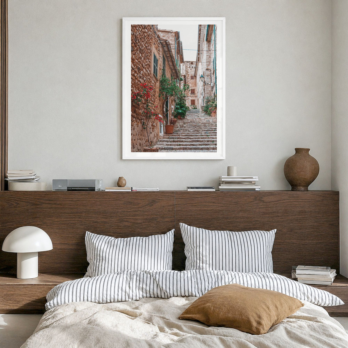Spain Photo No 3 Poster in a white wood frame, hanging in a bedroom, white border