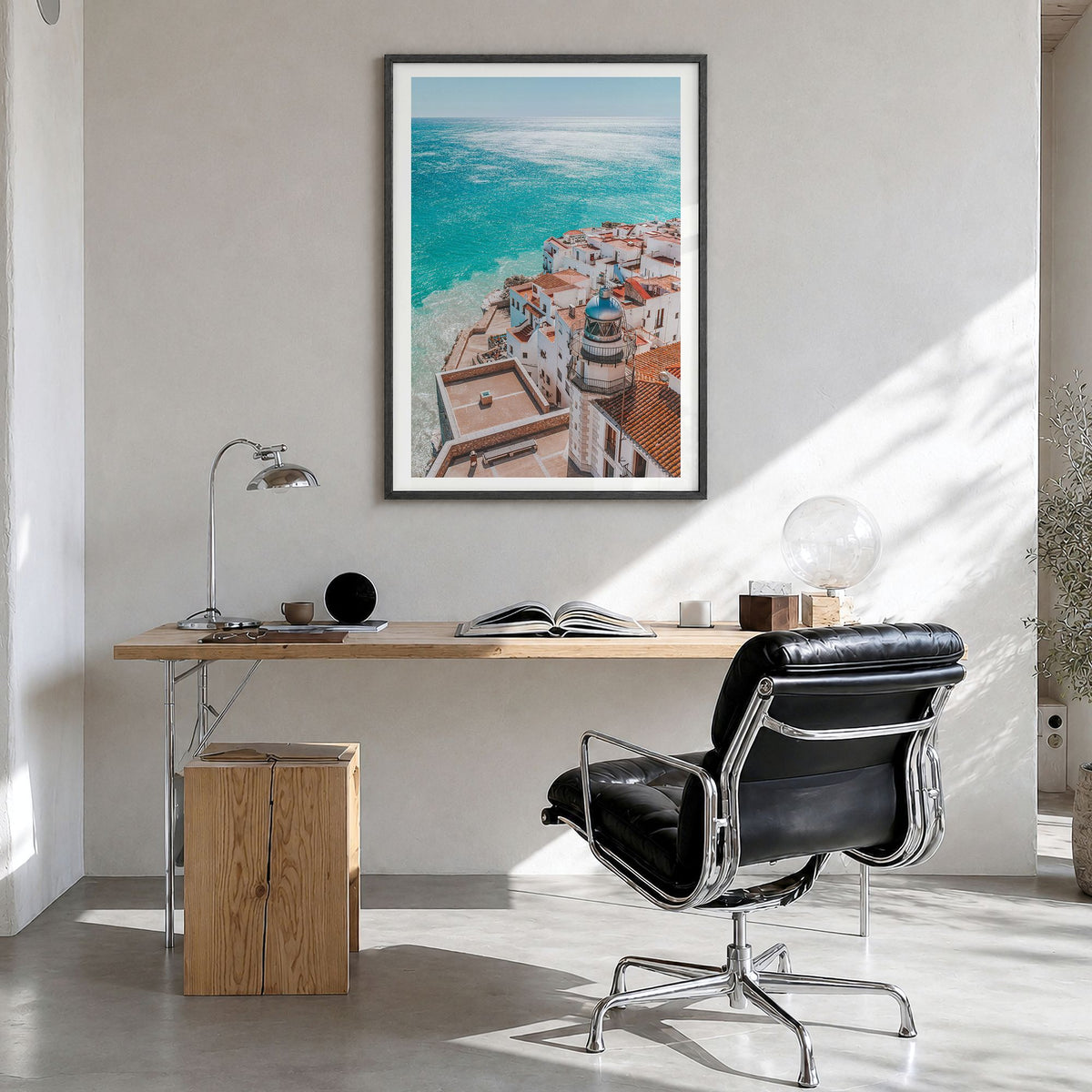 Spain Photo No 1 Poster in a black wood frame, hanging in a bright home office, white border