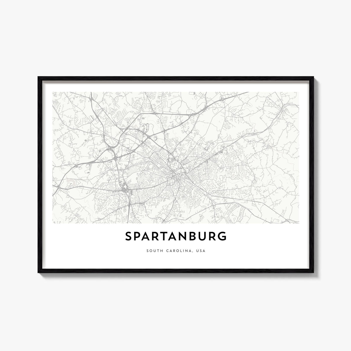 Spartanburg black & white map poster of South Carolina, USA – horizontal wall art, unframed print shown in interior mockup