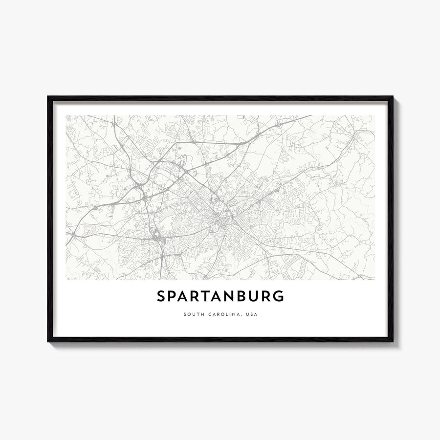 Spartanburg black & white map poster of South Carolina, USA – horizontal wall art, unframed print shown in interior mockup
