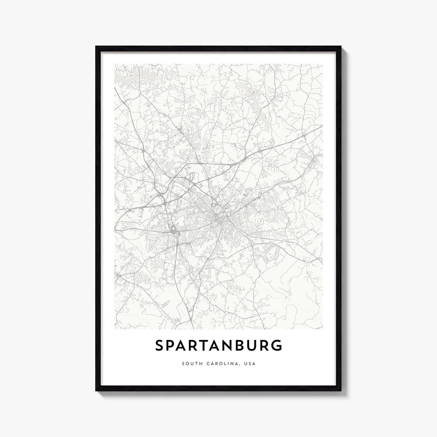 Spartanburg black & white map poster of South Carolina, USA – vertical wall art, unframed print shown in interior mockup