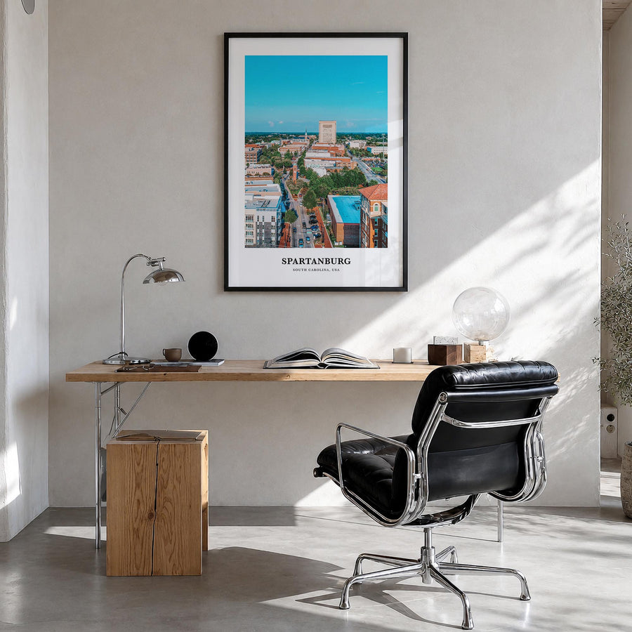 Spartanburg colorful classic poster of South Carolina, USA – vertical wall art in black wood frame, hanging on wall
