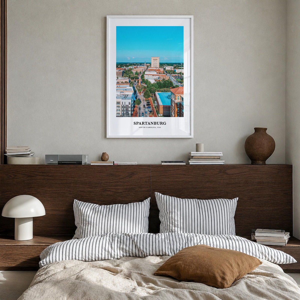 Spartanburg colorful classic poster of South Carolina, USA – vertical wall art in white wood frame, hanging on wall