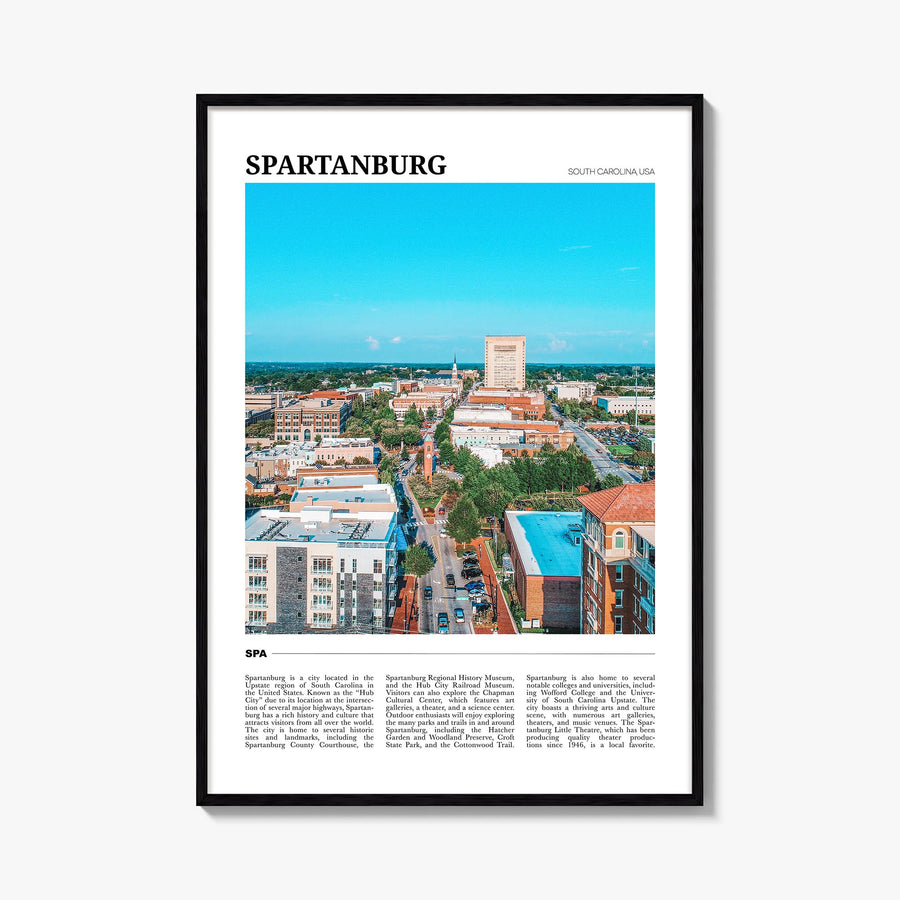Spartanburg colorful travel poster of South Carolina, USA – vertical wall art, unframed print shown in interior mockup