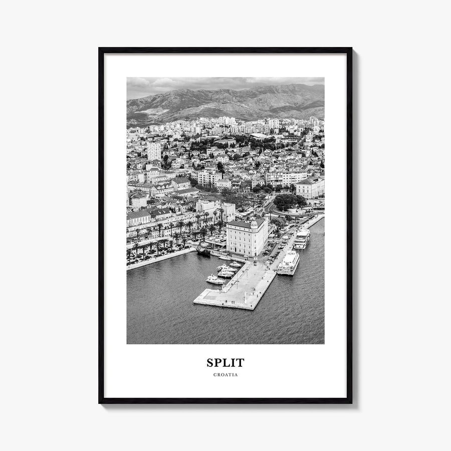 Split black & white classic poster of Croatia – vertical wall art, unframed print shown in interior mockup