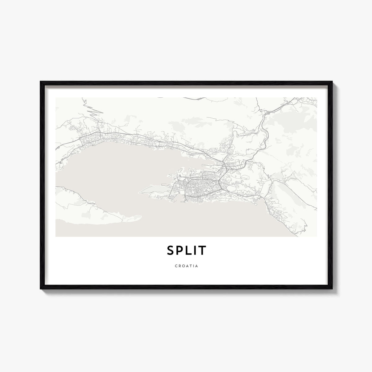 Split black & white map poster of Croatia – horizontal wall art, unframed print shown in interior mockup