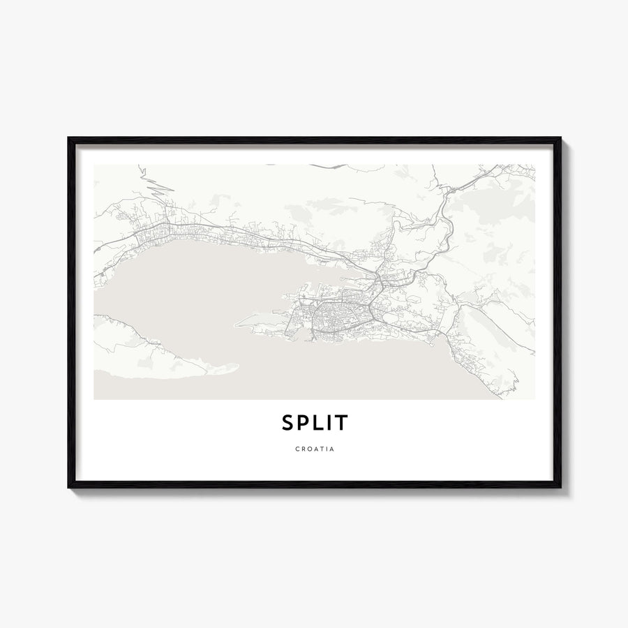Split black & white map poster of Croatia – horizontal wall art, unframed print shown in interior mockup