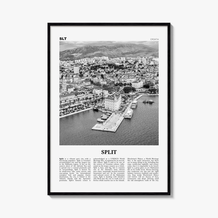 Split black & white newspaper poster of Croatia – vertical wall art, unframed print shown in interior mockup