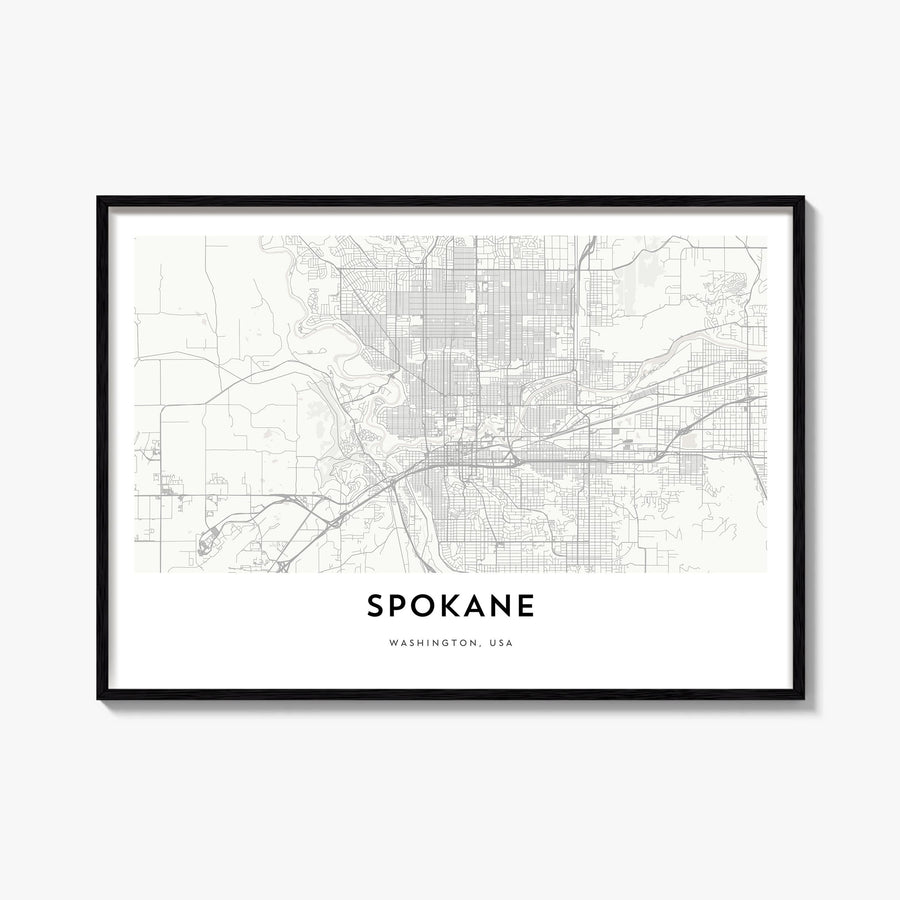 Spokane black & white map poster of Washington, USA – horizontal wall art, unframed print shown in interior mockup