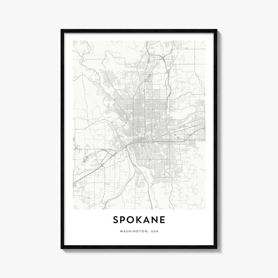 Spokane black & white map poster of Washington, USA – vertical wall art, unframed print shown in interior mockup