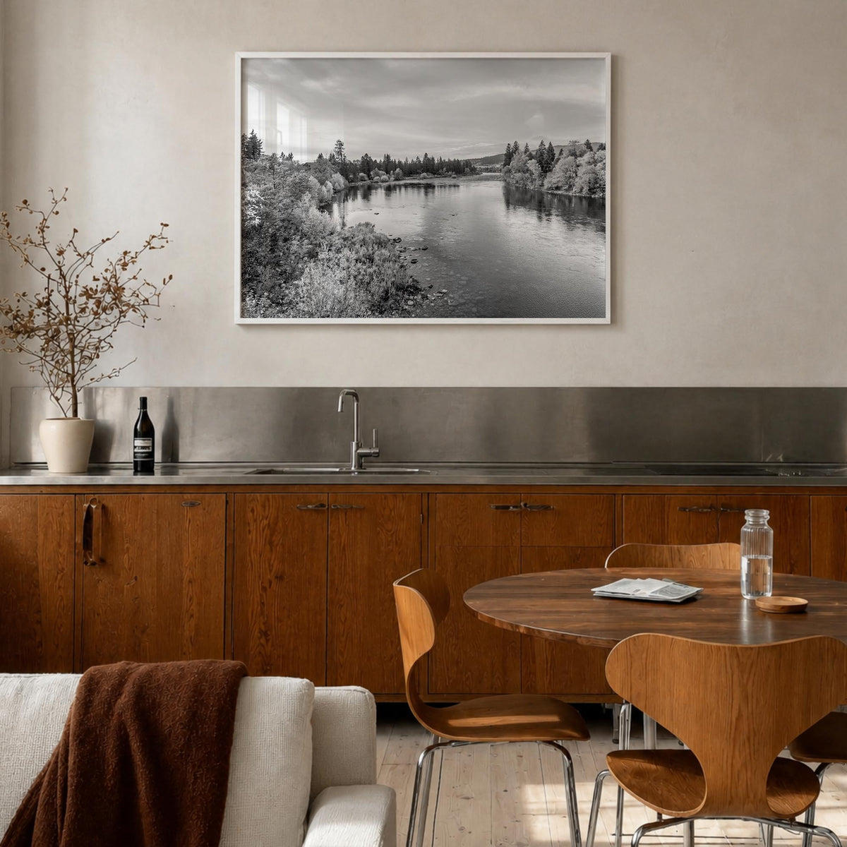 Spokane black & white photo poster of Washington, USA – horizontal wall art in white wood frame, hanging on wall