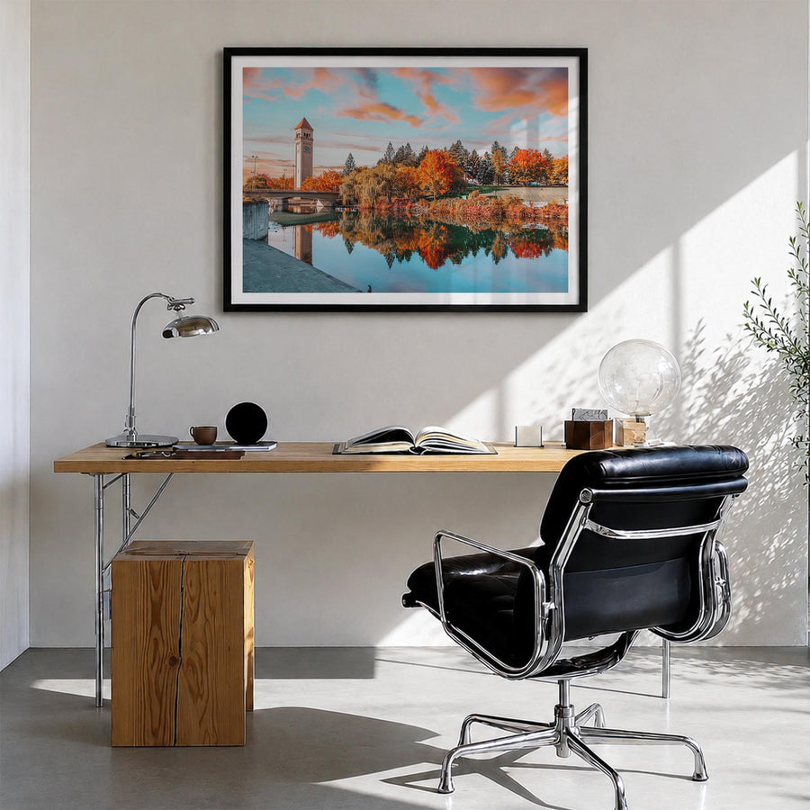 Spokane colorful photo poster of Washington, USA – horizontal wall art in black wood frame with white border, hanging on wall