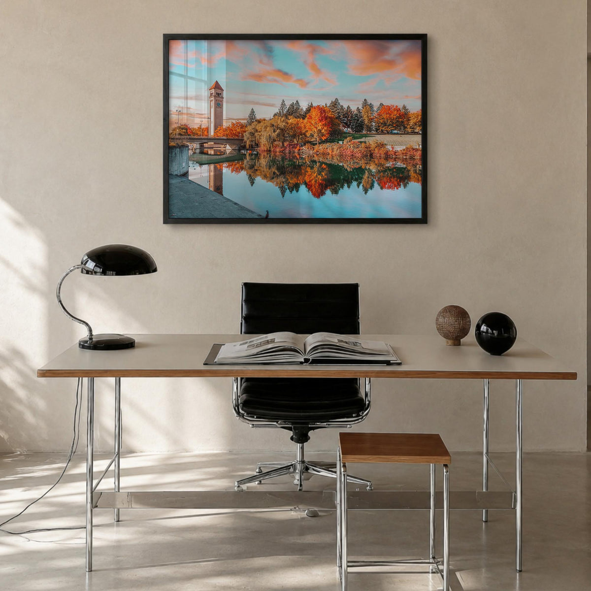 Spokane colorful photo poster of Washington, USA – horizontal wall art in black wood frame, hanging on wall