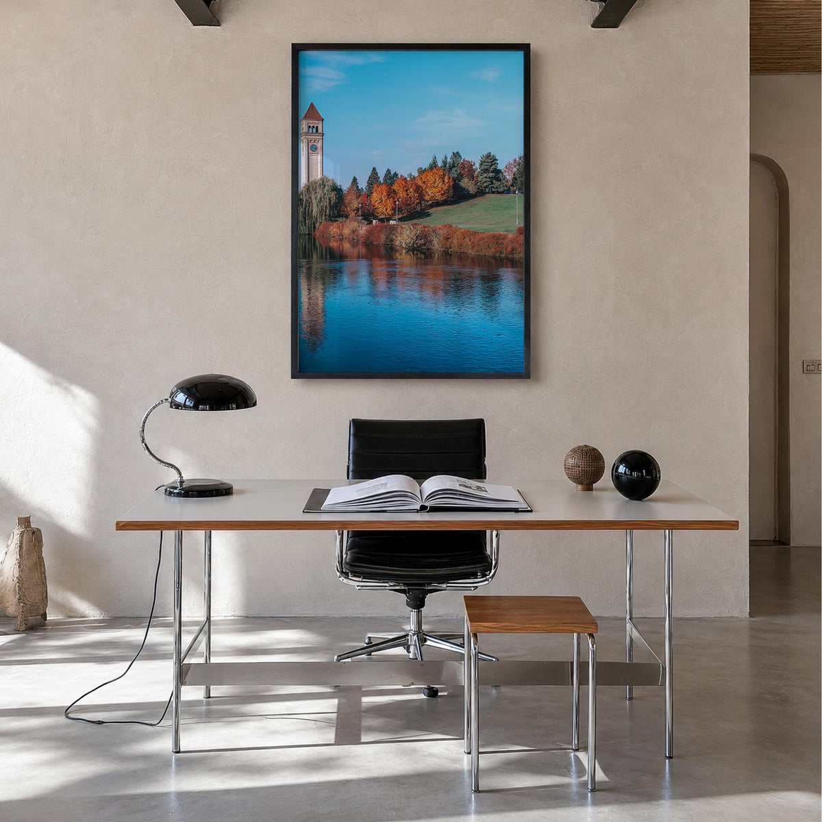 Spokane colorful photo poster of Washington, USA – vertical wall art in black wood frame, hanging on wall