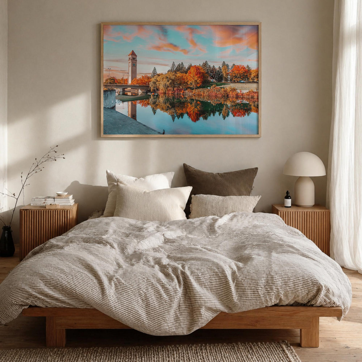 Spokane colorful photo poster of Washington, USA – horizontal wall art in natural wood frame, hanging on wall