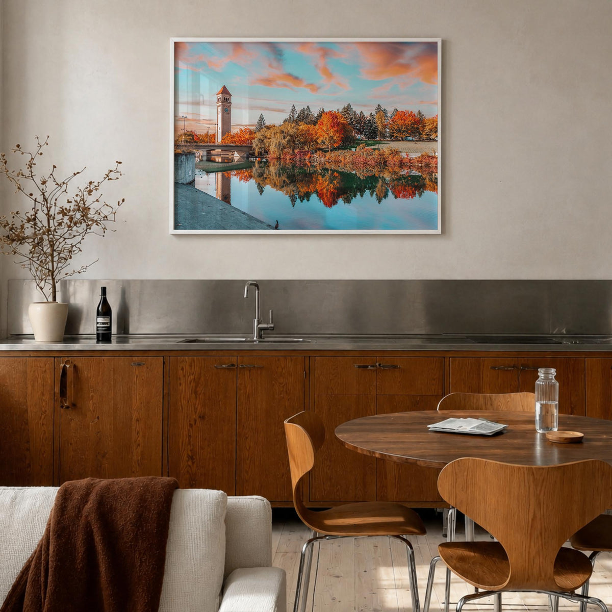 Spokane colorful photo poster of Washington, USA – horizontal wall art in white wood frame, hanging on wall