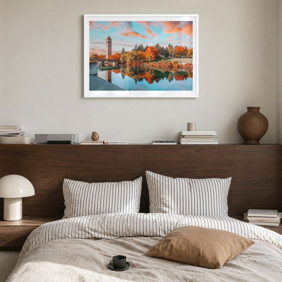 Spokane Photo Poster in a white wood frame, hanging in a bedroom, white border