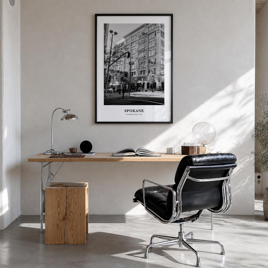 Spokane no. 1 black & white classic poster of Washington, USA – vertical wall art in black wood frame, hanging on wall