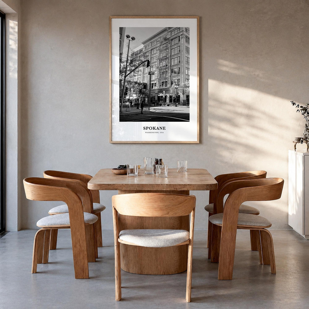 Spokane no. 1 black & white classic poster of Washington, USA – vertical wall art in natural wood frame, hanging on wall
