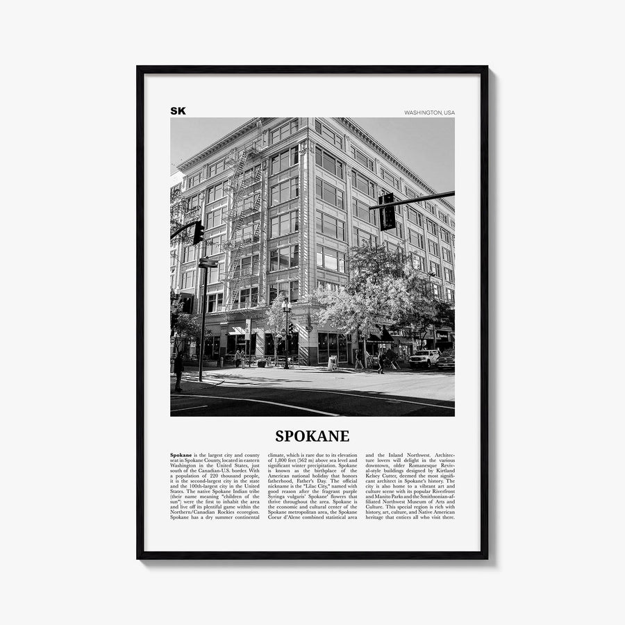 Spokane no. 2 black & white newspaper poster of Washington, USA – vertical wall art, unframed print shown in interior mockup