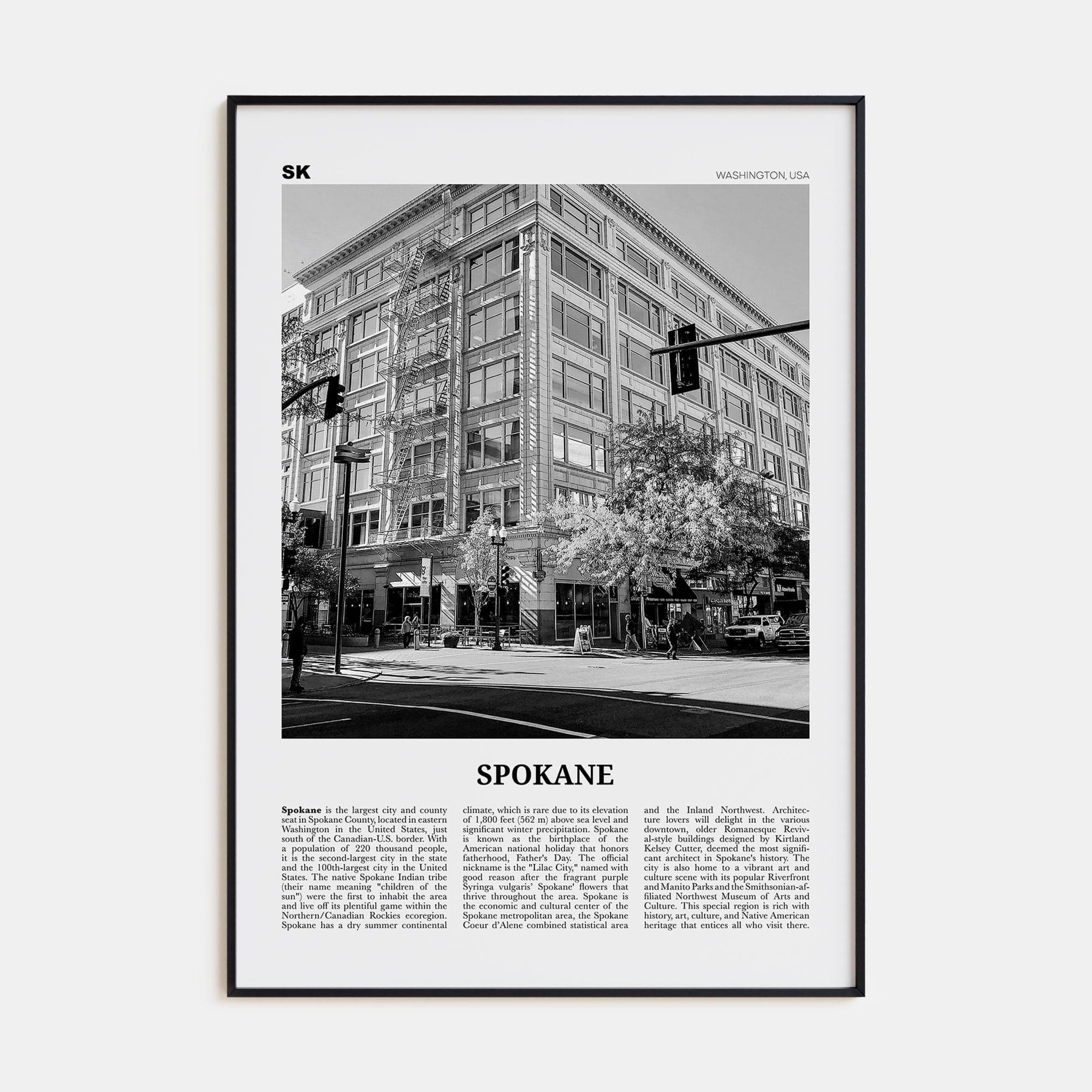 Spokane No 2 Poster Black Metal / 8x12 in Nbourhood Travel B&W Poster