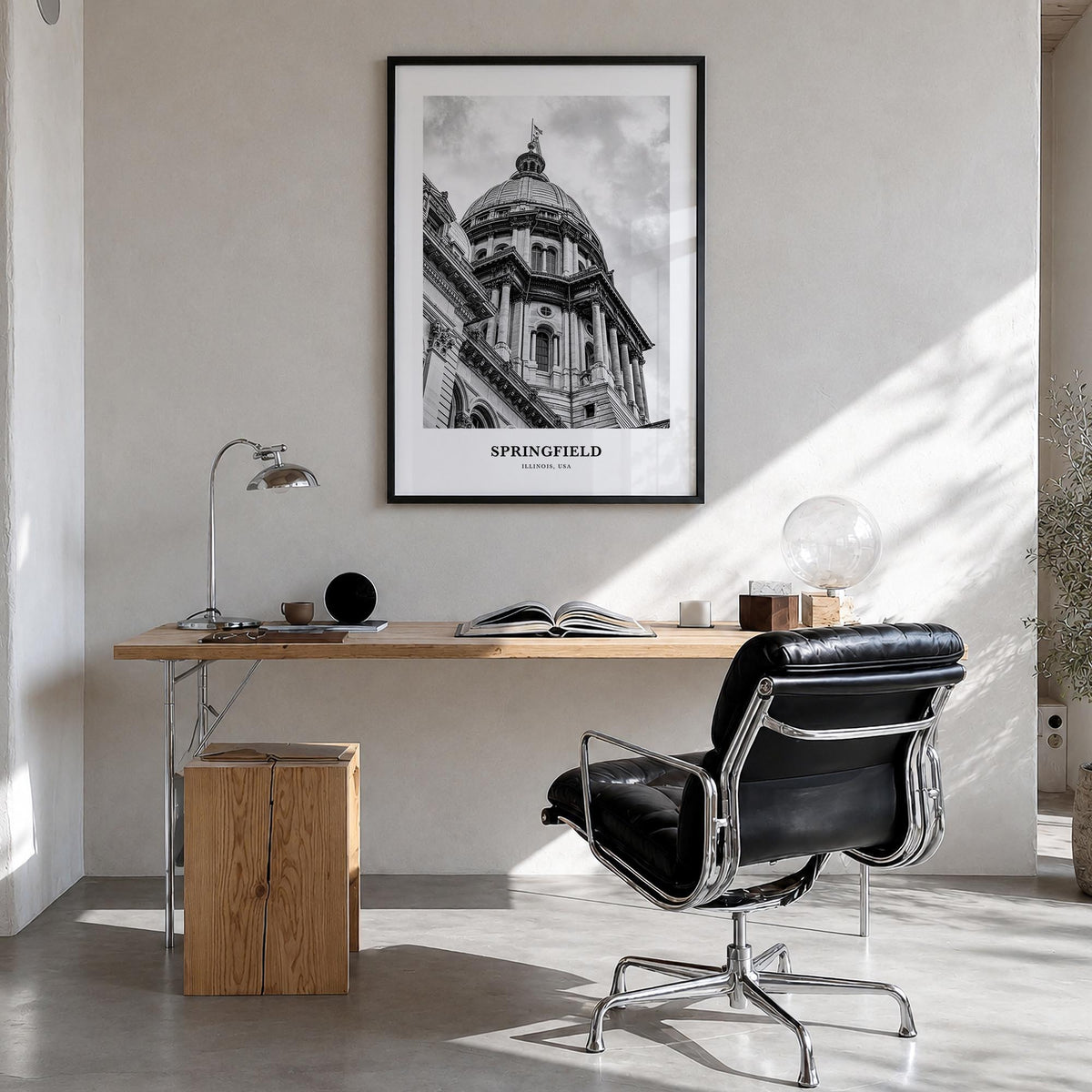Springfield, Illinois black & white classic poster of Illinois, USA – vertical wall art in black wood frame, hanging on wall