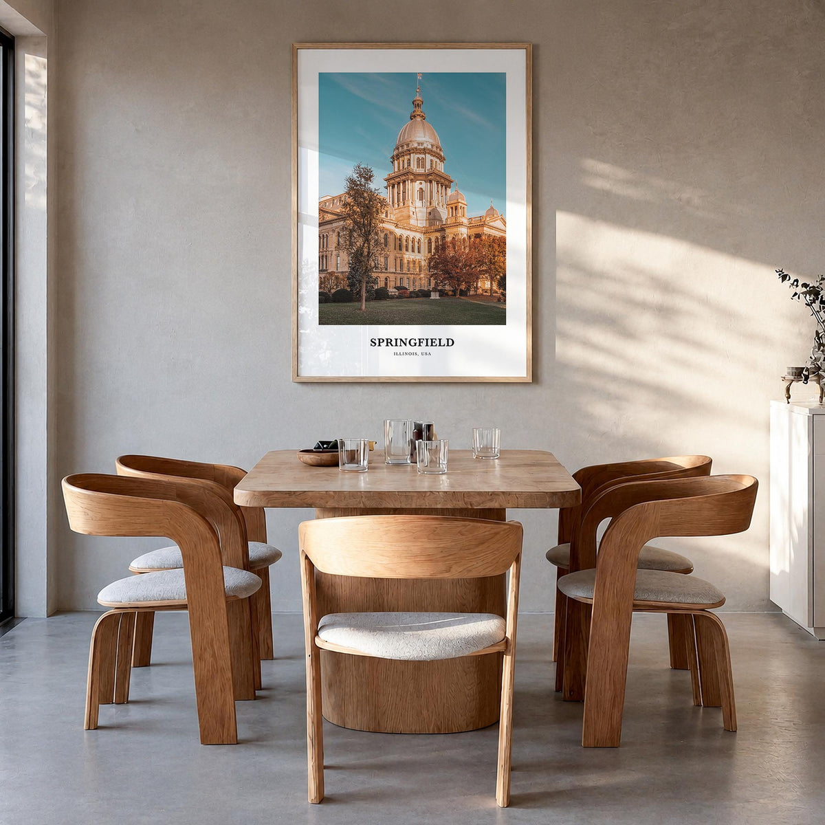 Springfield, Illinois colorful classic poster of Illinois, USA – vertical wall art in natural wood frame, hanging on wall
