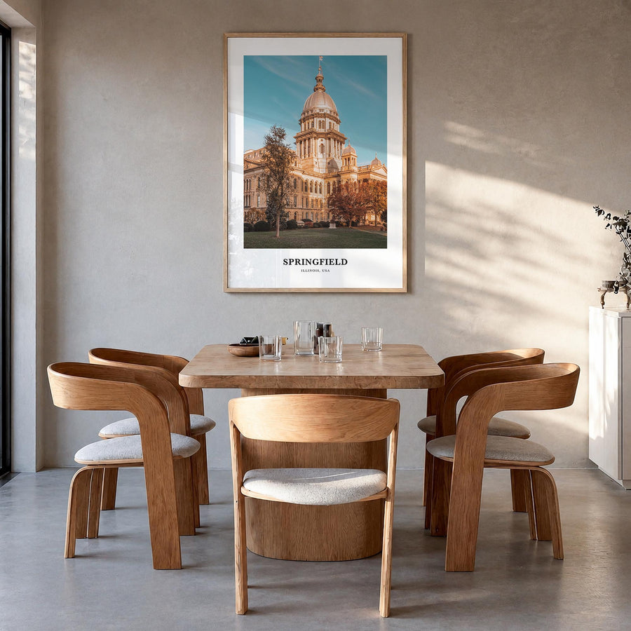 Springfield, Illinois colorful classic poster of Illinois, USA – vertical wall art in natural wood frame, hanging on wall
