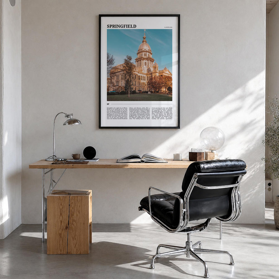 Springfield, Illinois colorful travel poster of Illinois, USA – vertical wall art in black wood frame, hanging on wall