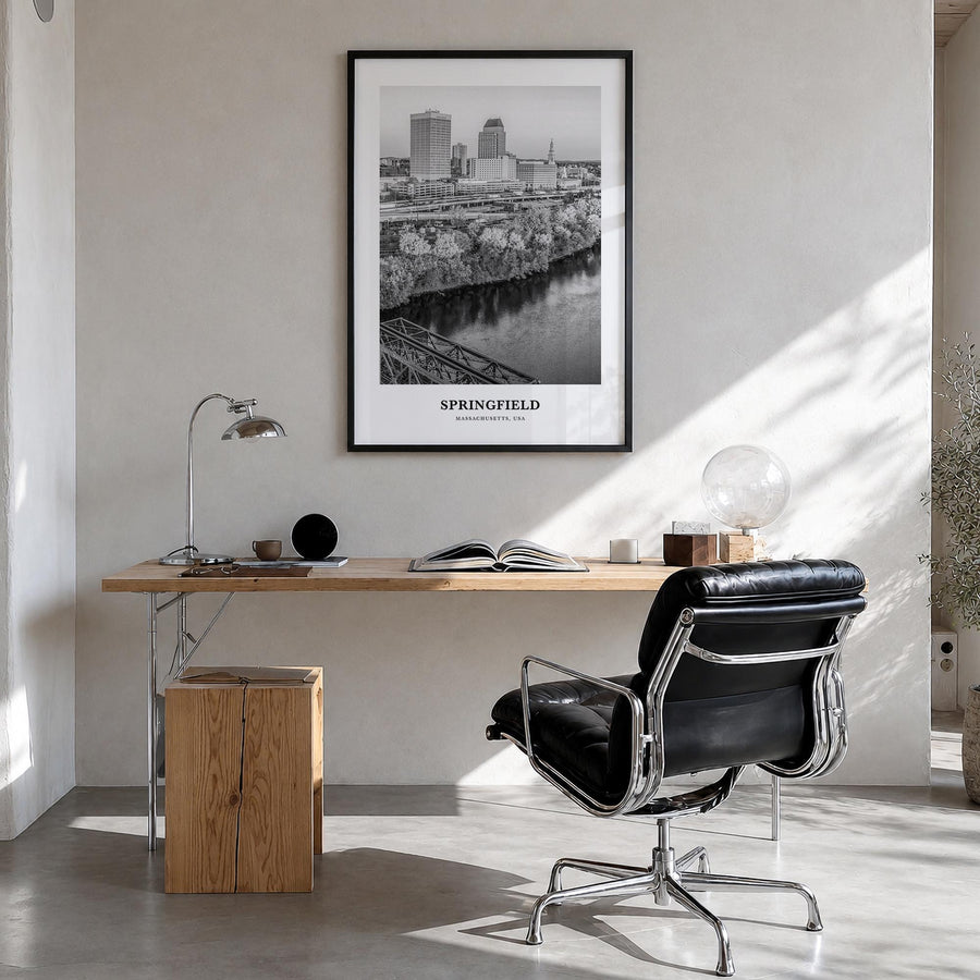 Springfield, Massachusetts black & white classic poster of Massachusetts, USA – vertical wall art in black wood frame, hangin