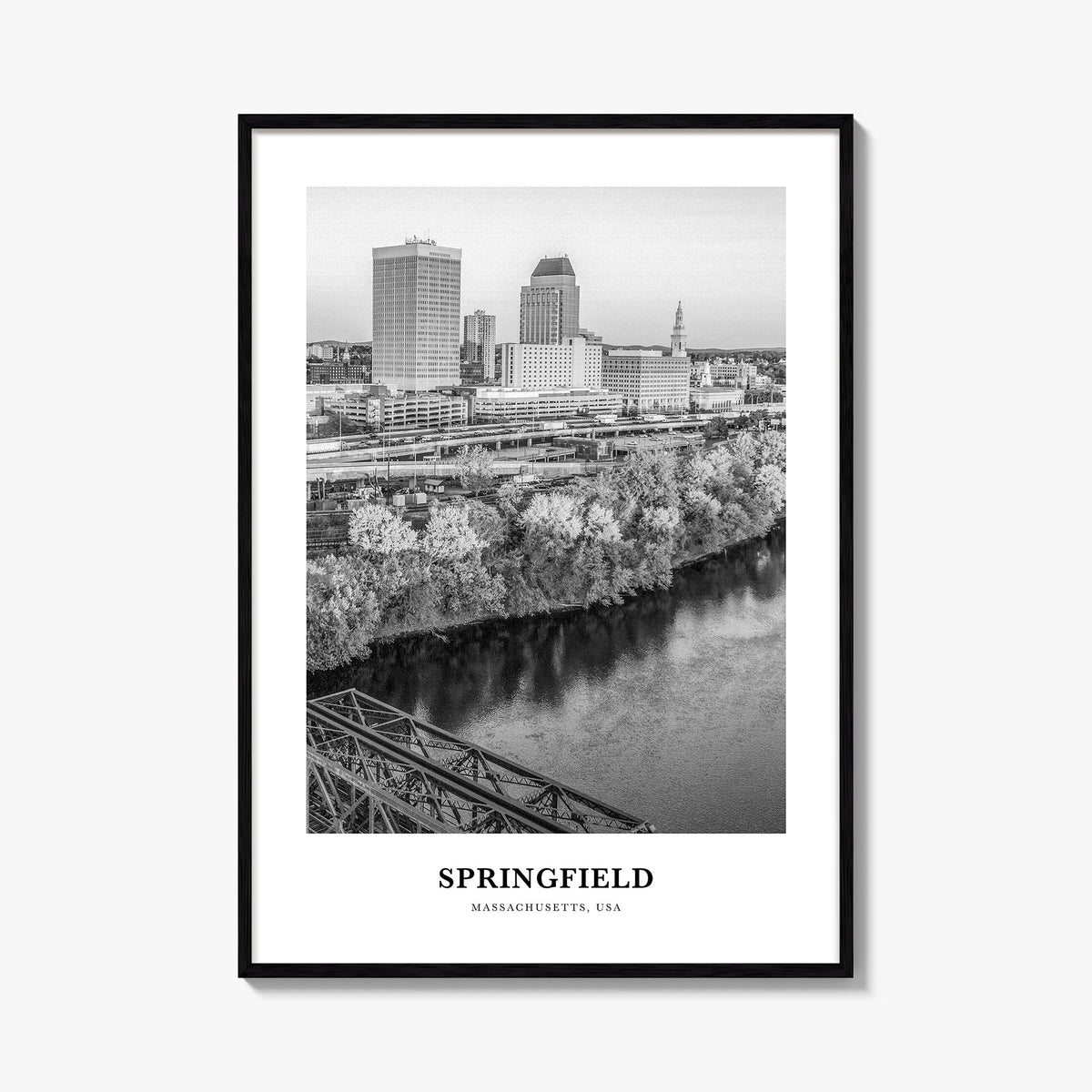 Springfield, Massachusetts black & white classic poster of Massachusetts, USA – vertical wall art, unframed print shown in in