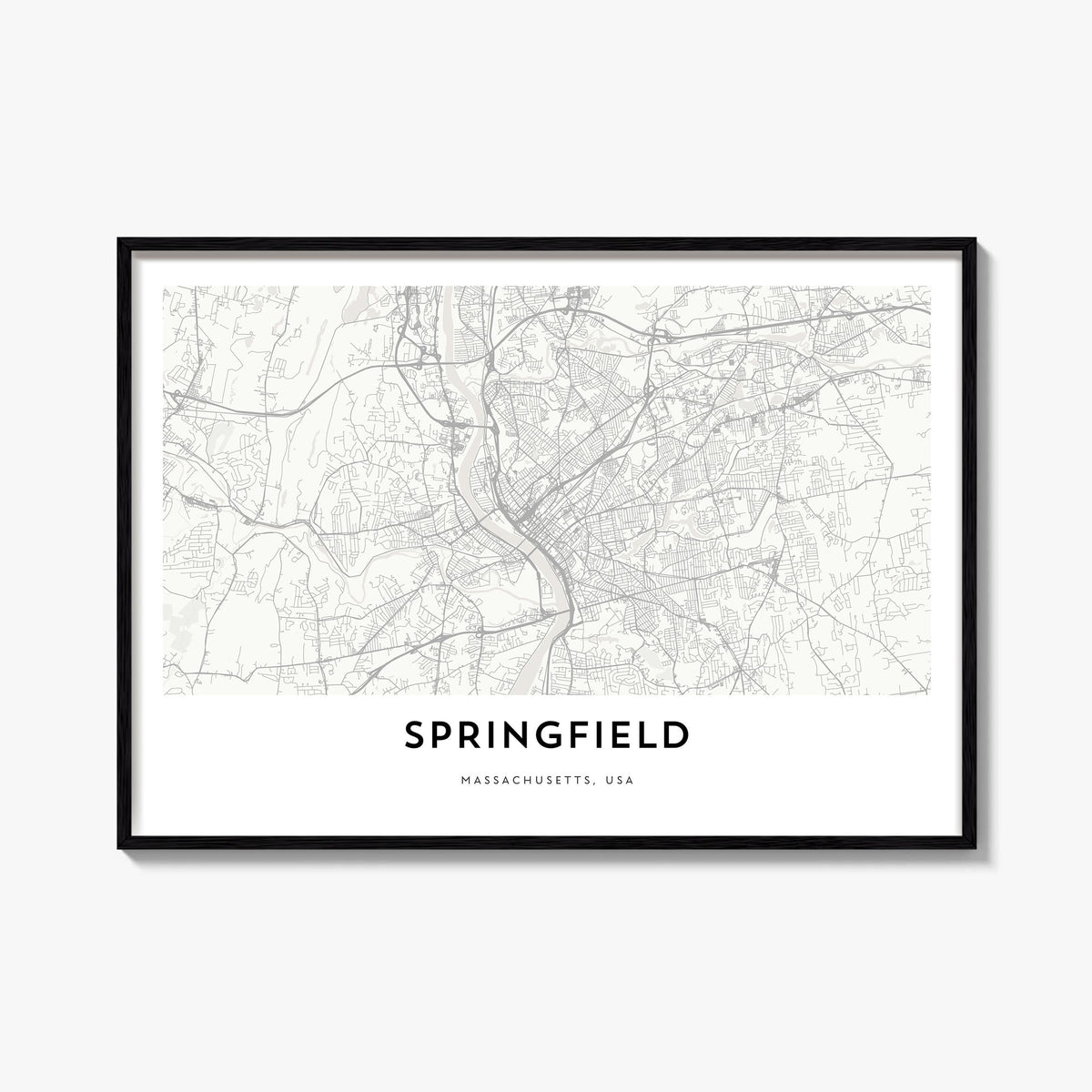 Springfield, Massachusetts black & white map poster of Massachusetts, USA – horizontal wall art, unframed print shown in inte
