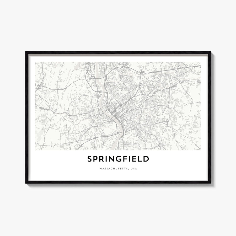 Springfield, Massachusetts black & white map poster of Massachusetts, USA – horizontal wall art, unframed print shown in inte