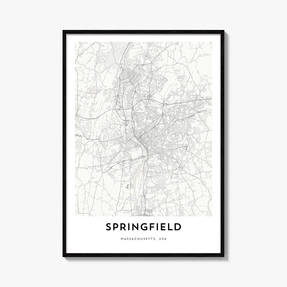 Springfield, Massachusetts black & white map poster of Massachusetts, USA – vertical wall art, unframed print shown in interi